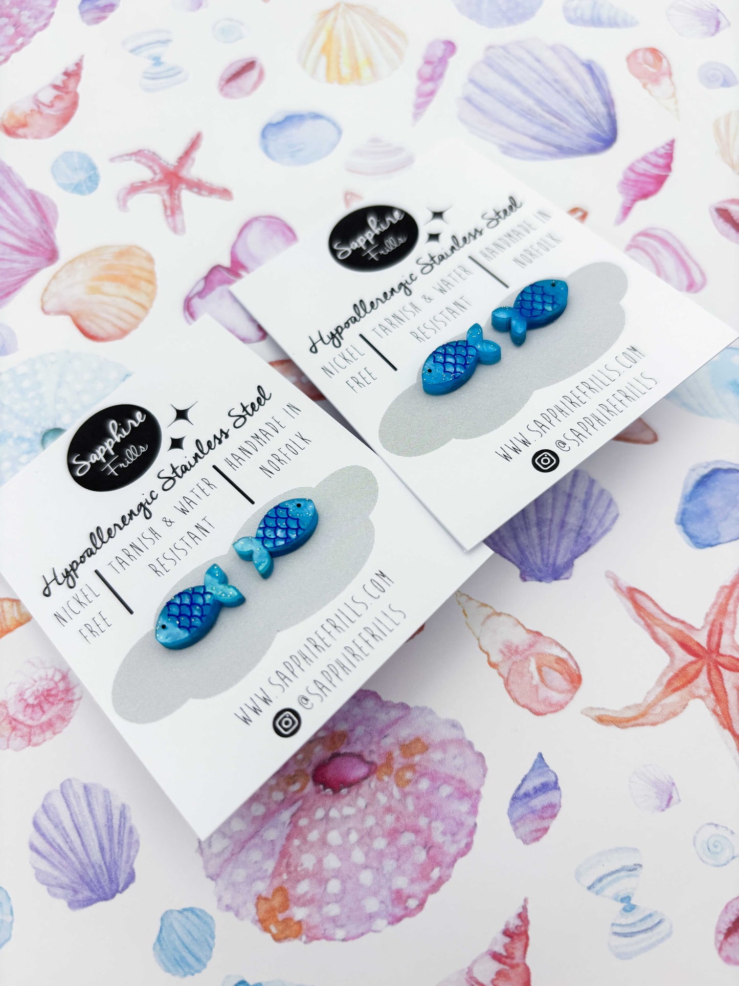 Mini Bright Blue Glitter Marble Fish Studs – Hypoallergenic Stainless Steel