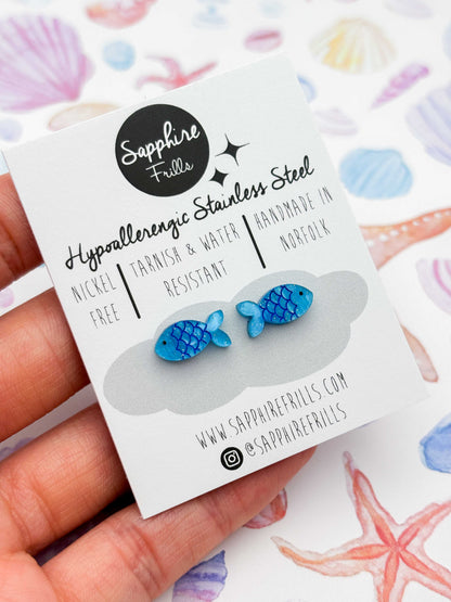 Mini Bright Blue Glitter Marble Fish Studs – Hypoallergenic Stainless Steel