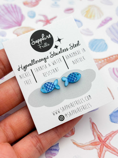 Mini Bright Blue Glitter Marble Fish Studs – Hypoallergenic Stainless Steel