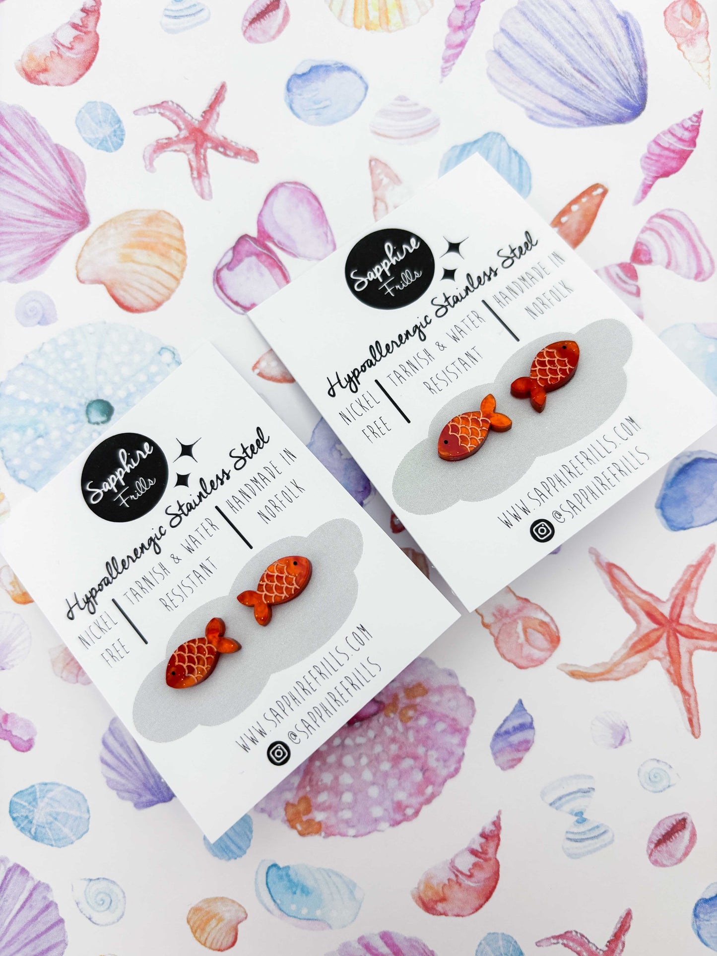 Mini Orange Glitter Marble Goldfish Studs – Hypoallergenic Stainless Steel
