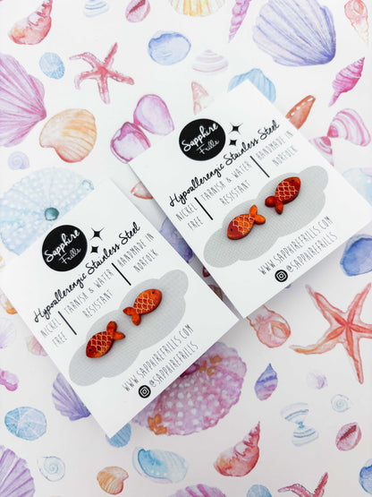 Mini Orange Glitter Marble Goldfish Studs – Hypoallergenic Stainless Steel