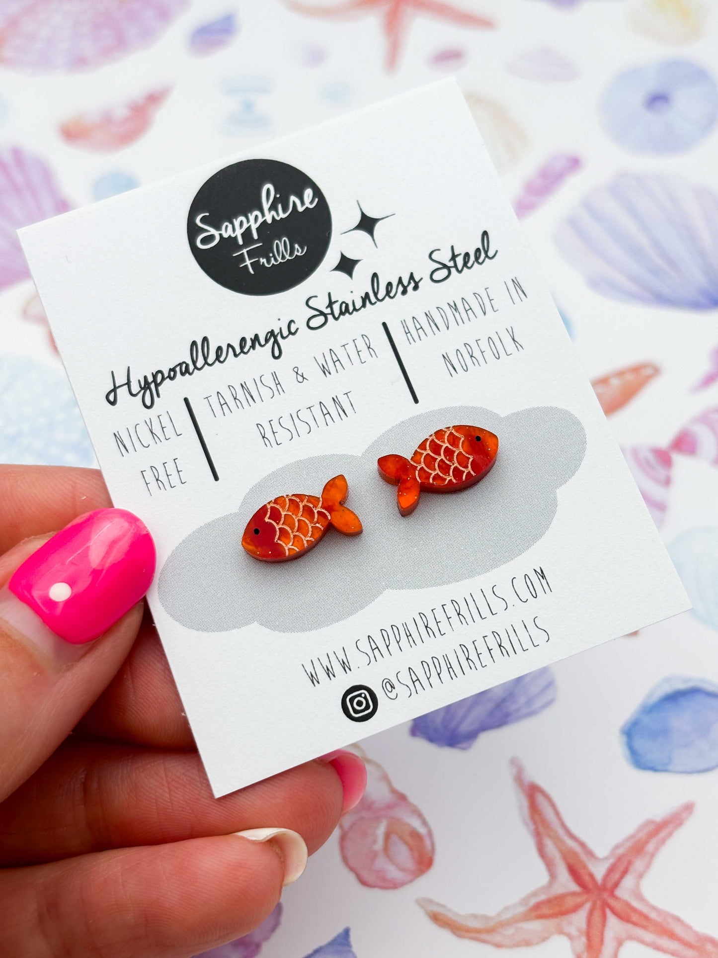 Mini Orange Glitter Marble Goldfish Studs – Hypoallergenic Stainless Steel