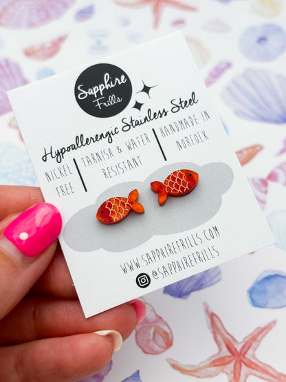 Mini Orange Glitter Marble Goldfish Studs – Hypoallergenic Stainless Steel