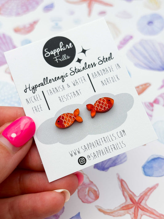 Mini Orange Glitter Marble Goldfish Studs – Hypoallergenic Stainless Steel