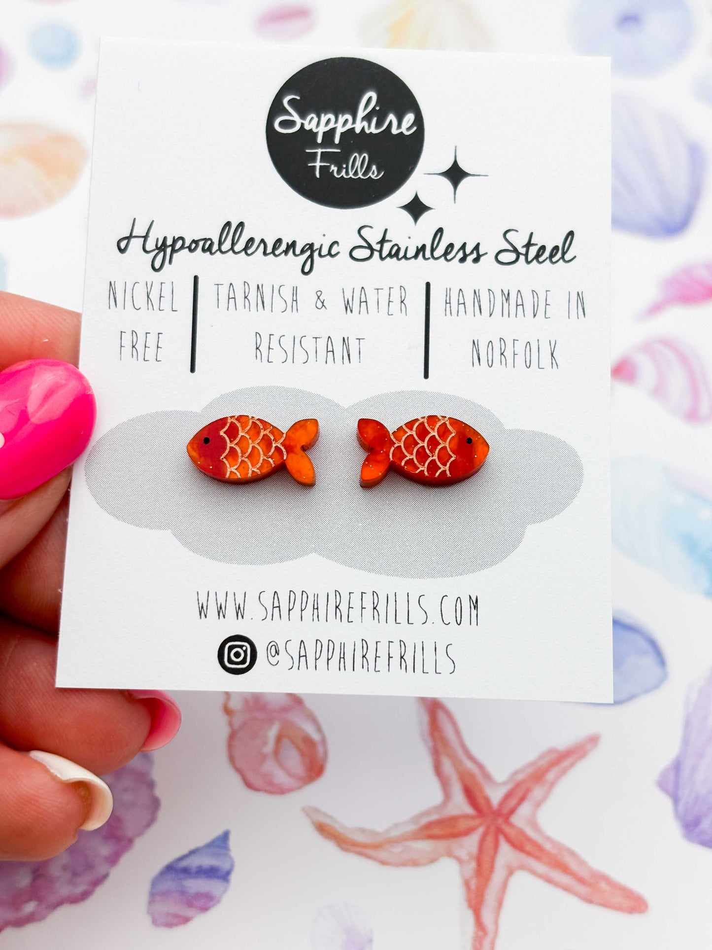Mini Orange Glitter Marble Goldfish Studs – Hypoallergenic Stainless Steel