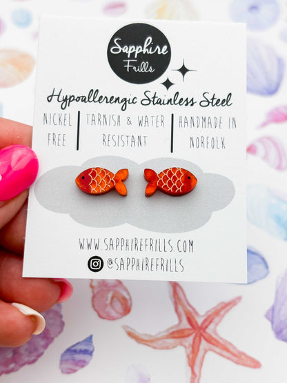 Mini Orange Glitter Marble Goldfish Studs – Hypoallergenic Stainless Steel