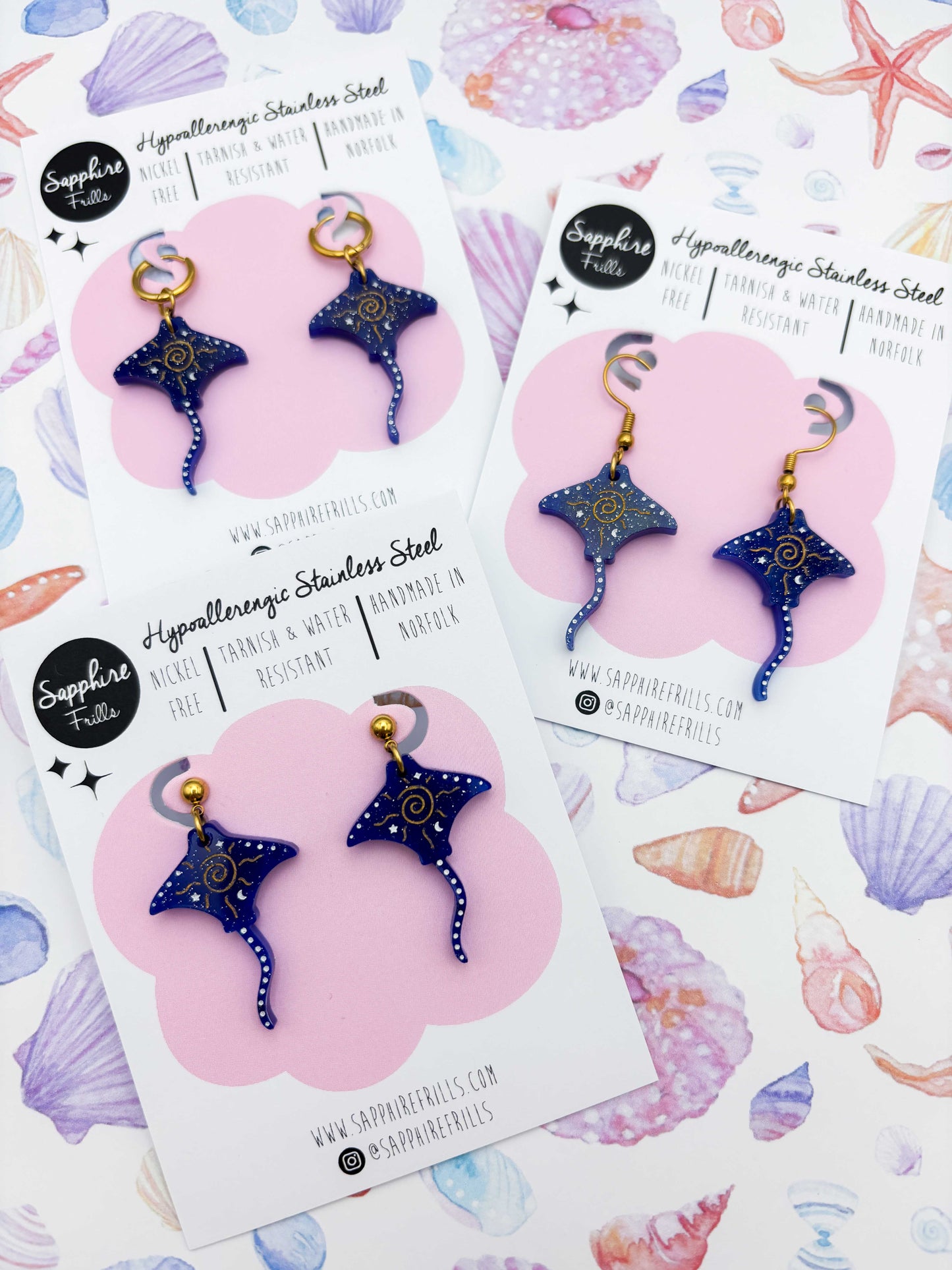 Large Dark Blue Celestial Manta Ray Dangle Earrings or Necklace – Hypoallergenic Stainless Steel