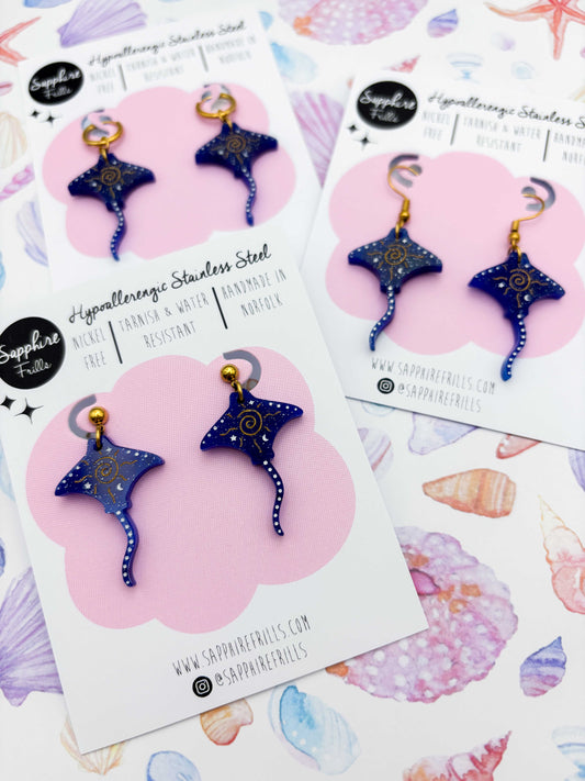 Large Dark Blue Celestial Manta Ray Dangle Earrings or Necklace – Hypoallergenic Stainless Steel