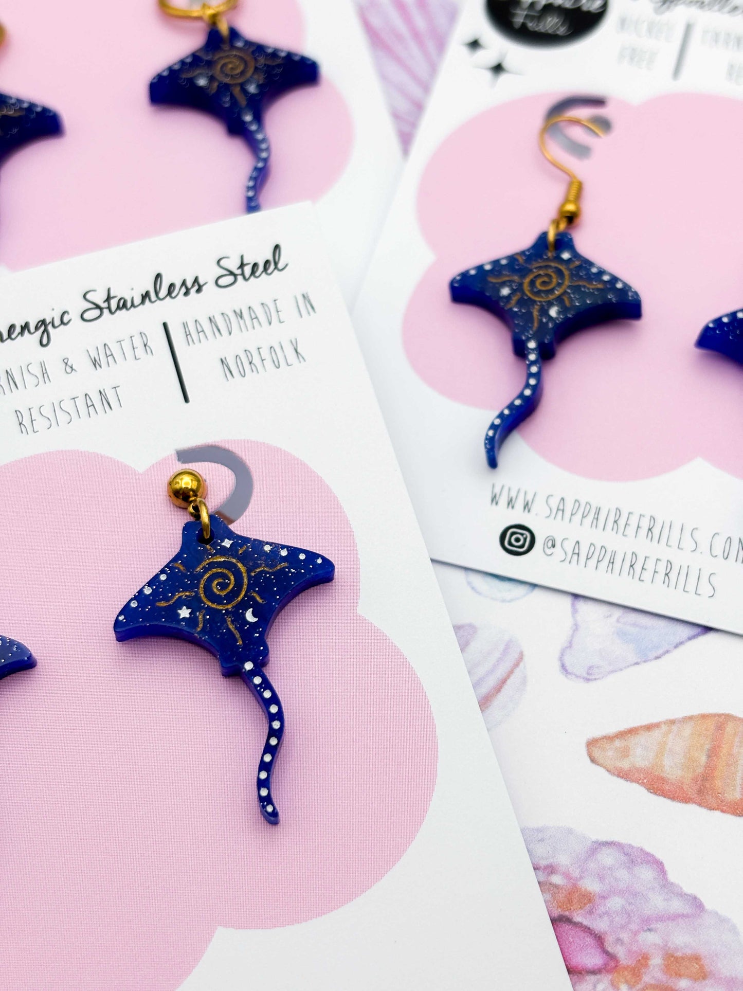 Large Dark Blue Celestial Manta Ray Dangle Earrings or Necklace – Hypoallergenic Stainless Steel