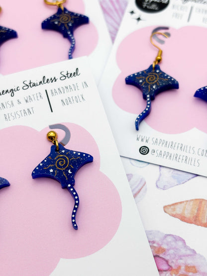 Large Dark Blue Celestial Manta Ray Dangle Earrings or Necklace – Hypoallergenic Stainless Steel