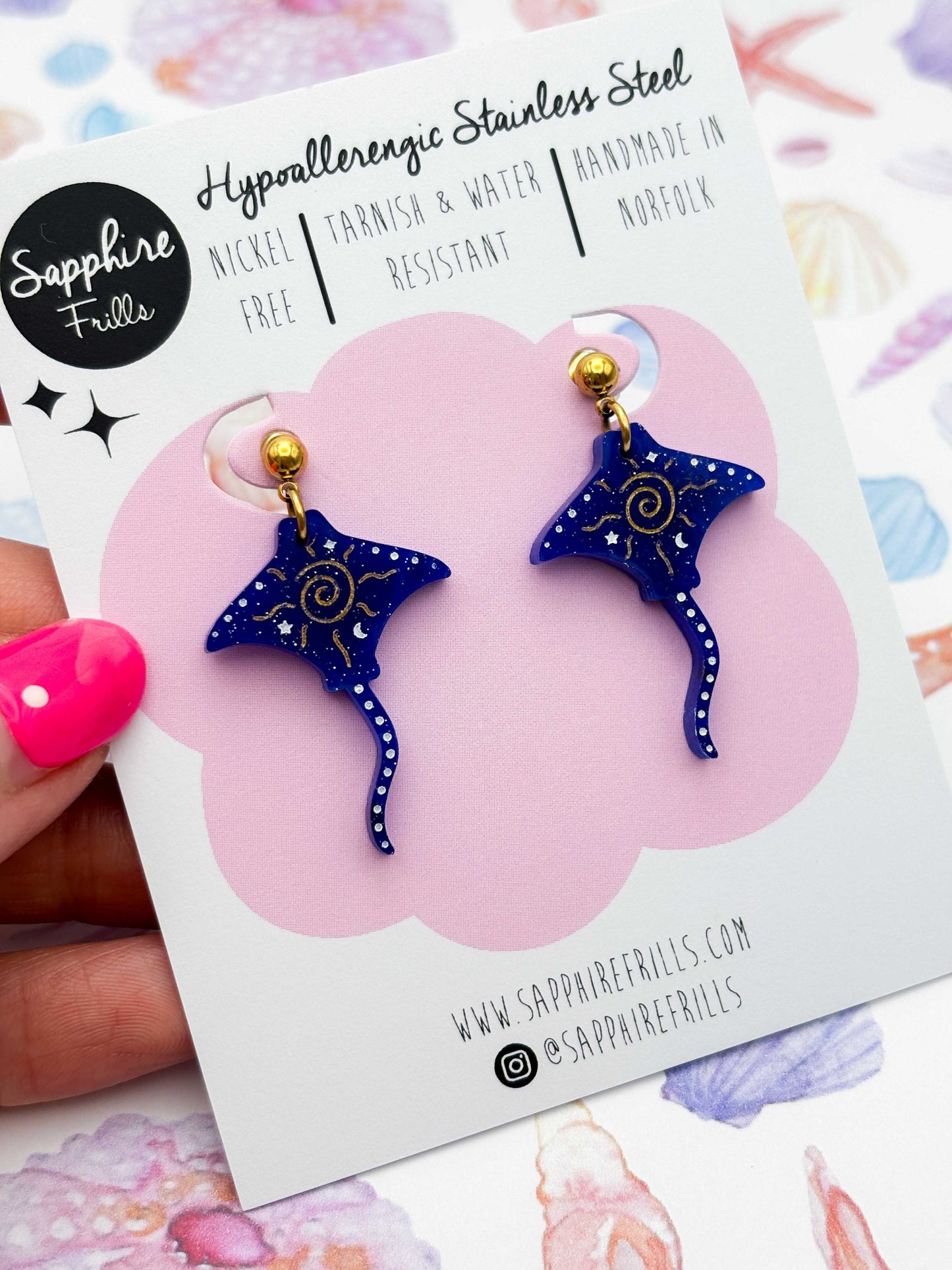 Large Dark Blue Celestial Manta Ray Dangle Earrings or Necklace – Hypoallergenic Stainless Steel