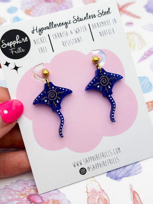 Large Dark Blue Celestial Manta Ray Dangle Earrings or Necklace – Hypoallergenic Stainless Steel