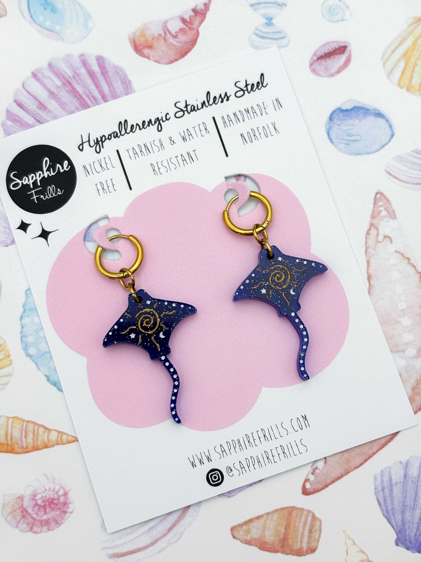 Large Dark Blue Celestial Manta Ray Dangle Earrings or Necklace – Hypoallergenic Stainless Steel