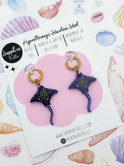 Large Dark Blue Celestial Manta Ray Dangle Earrings or Necklace – Hypoallergenic Stainless Steel