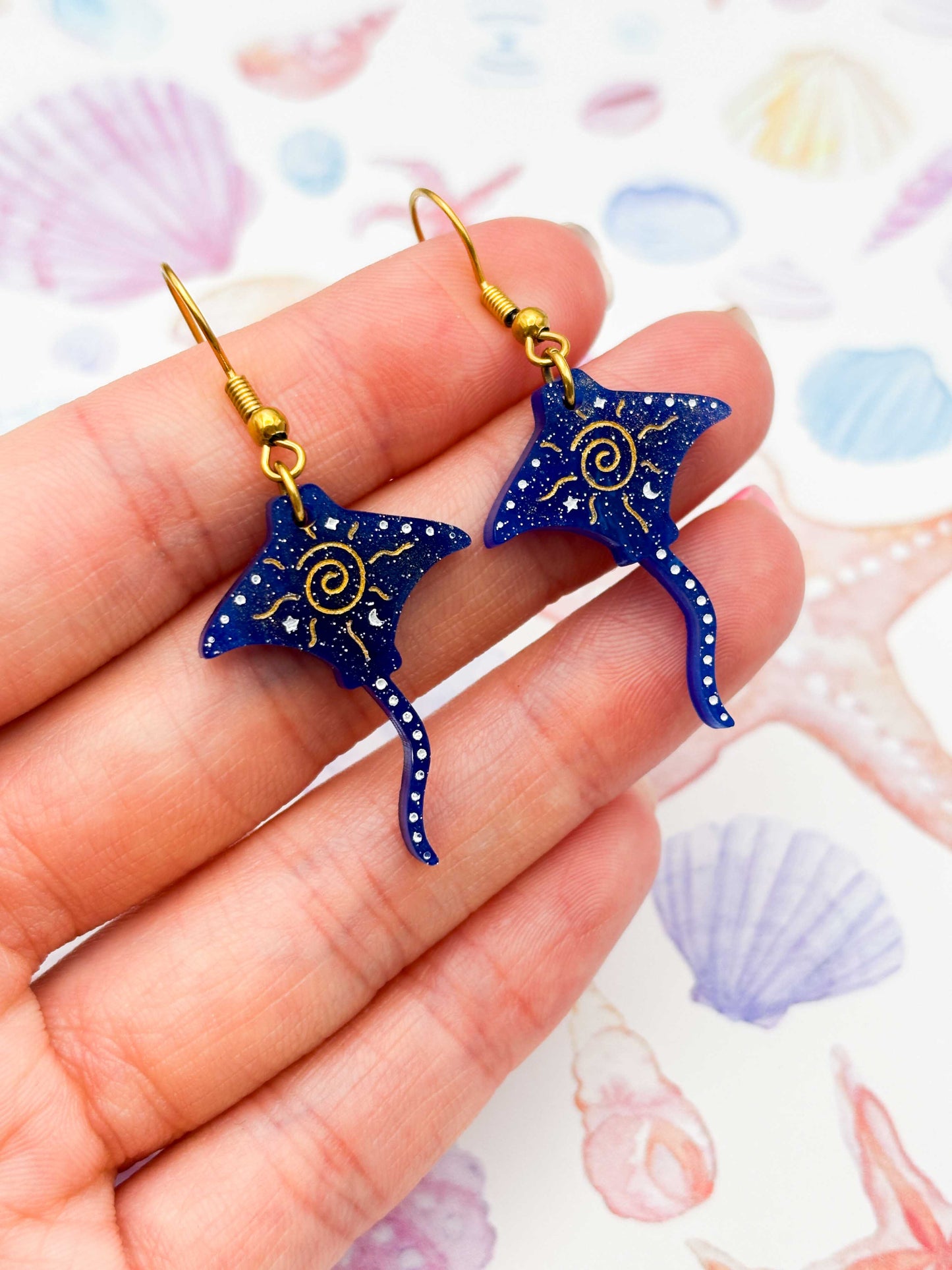 Large Dark Blue Celestial Manta Ray Dangle Earrings or Necklace – Hypoallergenic Stainless Steel