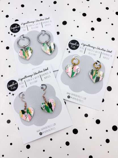 Medium Green & Pink Jungle Smudge Heart Dangle Earrings or Necklace – Hypoallergenic Stainless Steel