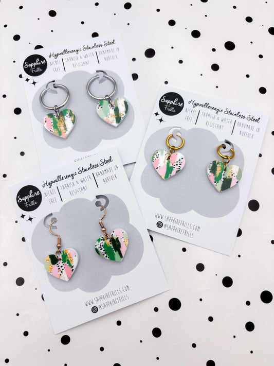 Medium Green & Pink Jungle Smudge Heart Dangle Earrings or Necklace – Hypoallergenic Stainless Steel
