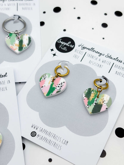 Medium Green & Pink Jungle Smudge Heart Dangle Earrings or Necklace – Hypoallergenic Stainless Steel