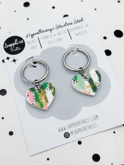 Medium Green & Pink Jungle Smudge Heart Dangle Earrings or Necklace – Hypoallergenic Stainless Steel