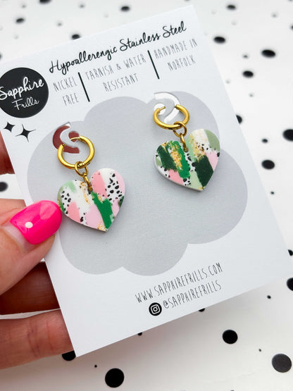 Medium Green & Pink Jungle Smudge Heart Dangle Earrings or Necklace – Hypoallergenic Stainless Steel