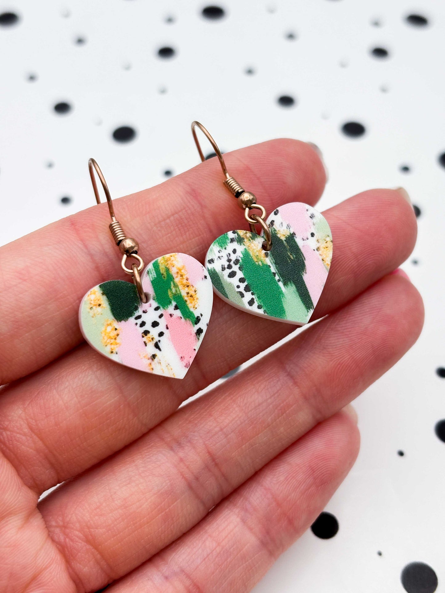 Medium Green & Pink Jungle Smudge Heart Dangle Earrings or Necklace – Hypoallergenic Stainless Steel