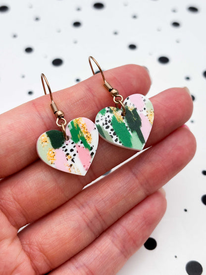 Medium Green & Pink Jungle Smudge Heart Dangle Earrings or Necklace – Hypoallergenic Stainless Steel