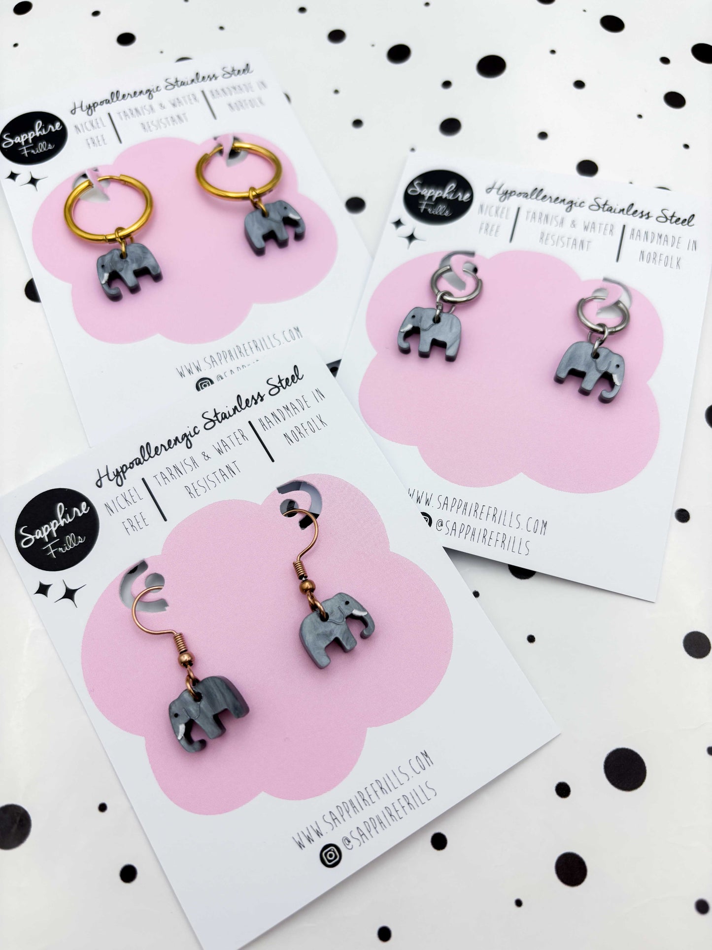 Mini Grey Marble Elephant Dangle Earrings or Necklace – Hypoallergenic Stainless Steel