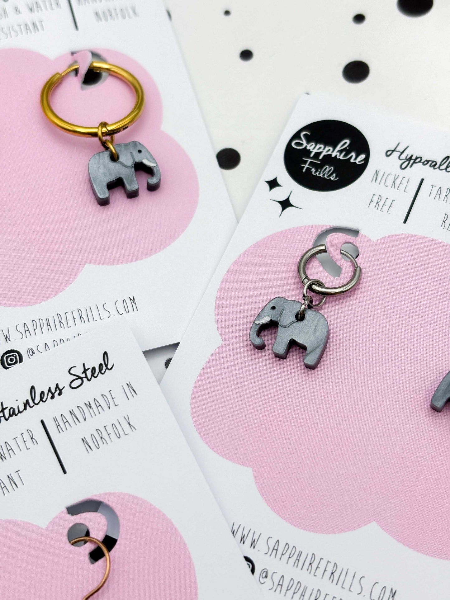 Mini Grey Marble Elephant Dangle Earrings or Necklace – Hypoallergenic Stainless Steel