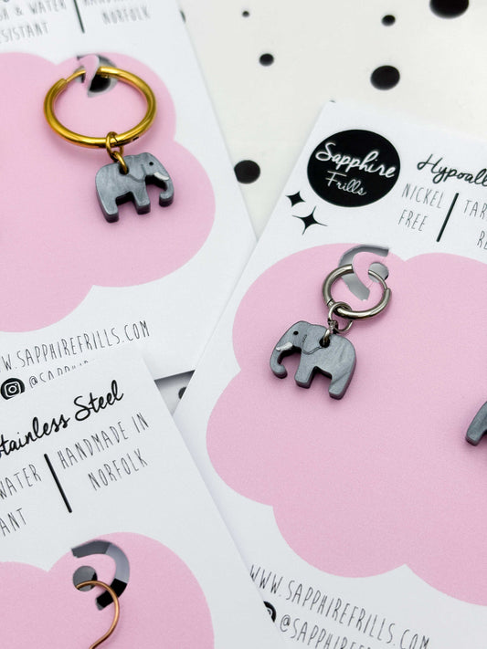 Mini Grey Marble Elephant Dangle Earrings or Necklace – Hypoallergenic Stainless Steel
