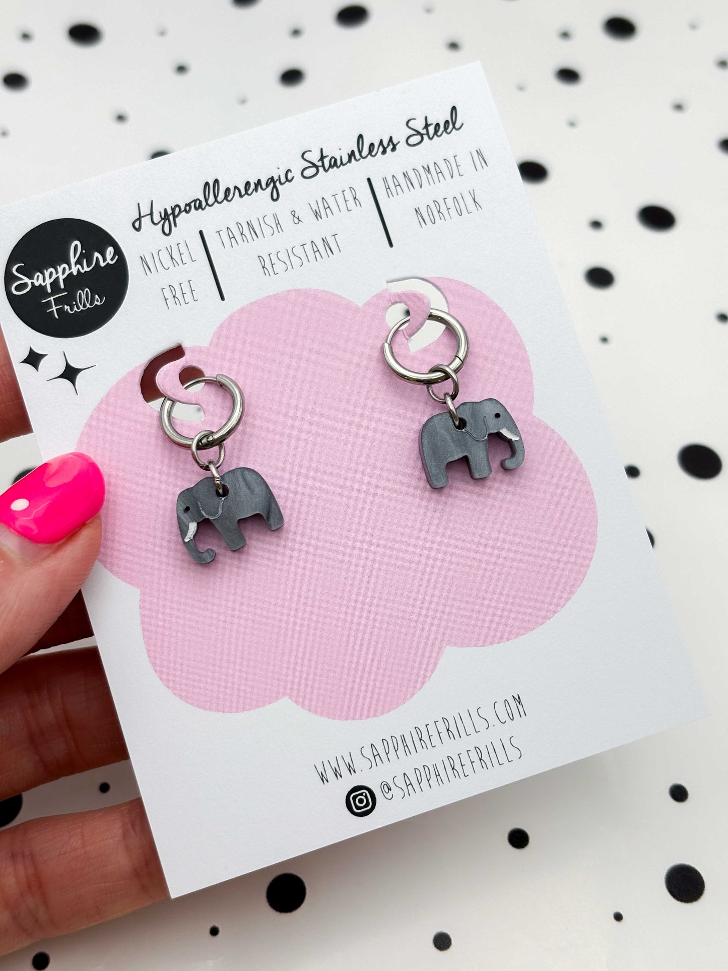 Mini Grey Marble Elephant Dangle Earrings or Necklace – Hypoallergenic Stainless Steel