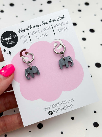Mini Grey Marble Elephant Dangle Earrings or Necklace – Hypoallergenic Stainless Steel
