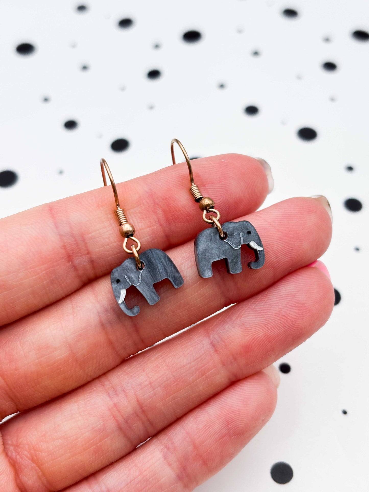 Mini Grey Marble Elephant Dangle Earrings or Necklace – Hypoallergenic Stainless Steel