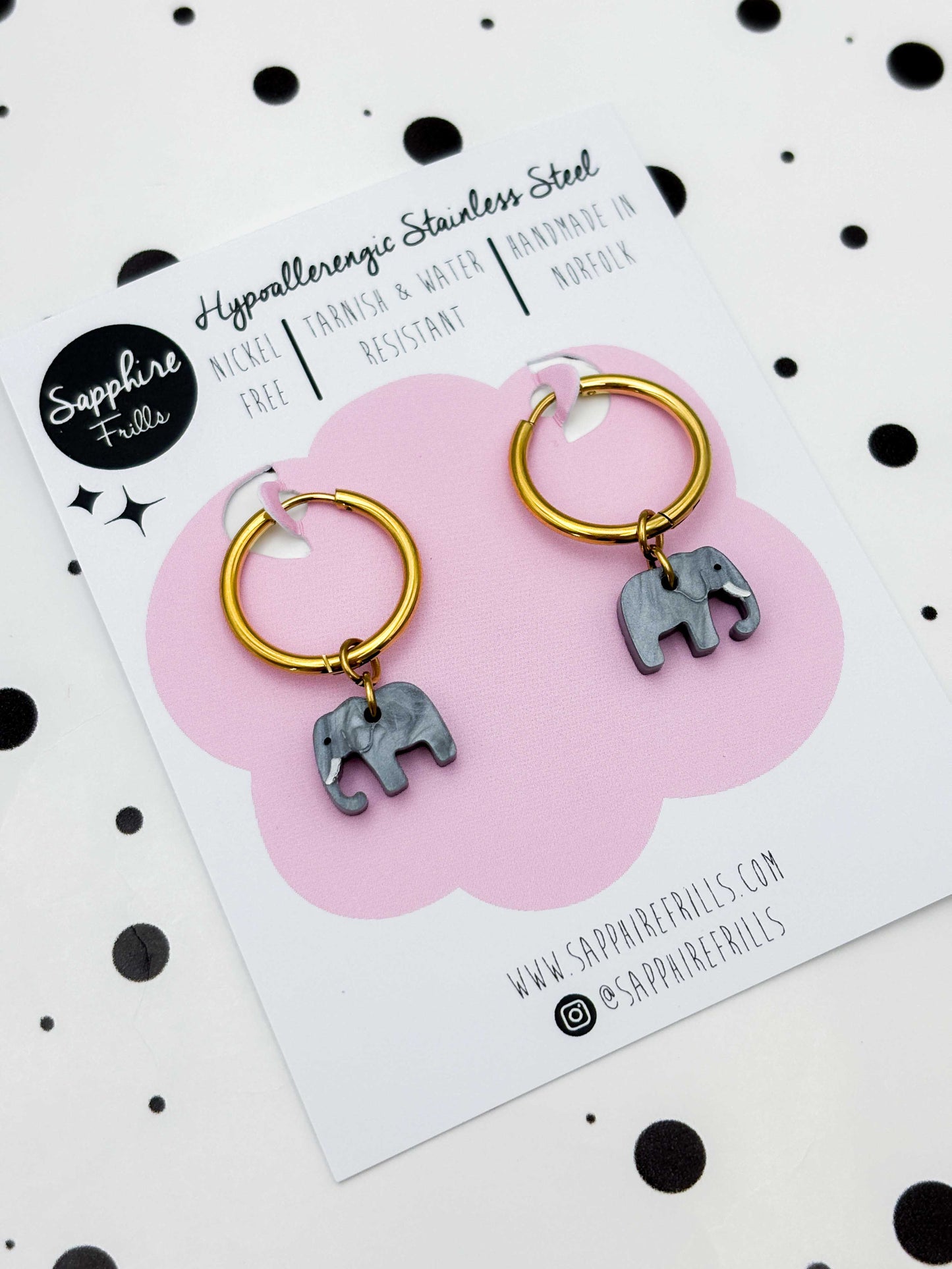 Mini Grey Marble Elephant Dangle Earrings or Necklace – Hypoallergenic Stainless Steel