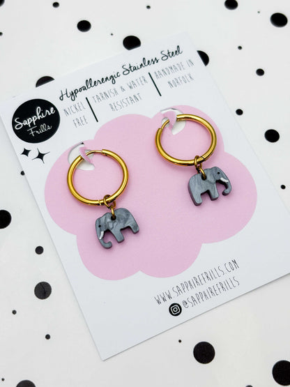 Mini Grey Marble Elephant Dangle Earrings or Necklace – Hypoallergenic Stainless Steel