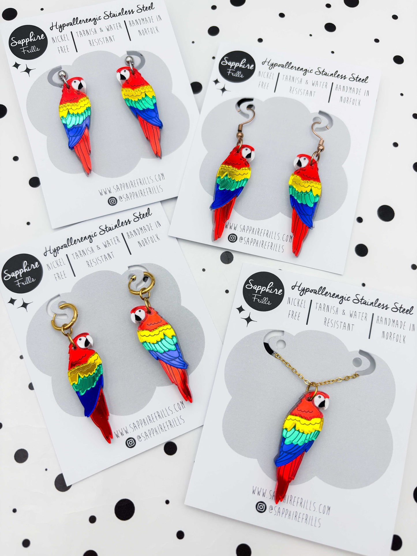Large Rainbow Mirror Parrot Dangle Earrings or Necklace – Hypoallergenic Stainless Steel