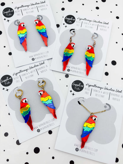 Large Rainbow Mirror Parrot Dangle Earrings or Necklace – Hypoallergenic Stainless Steel