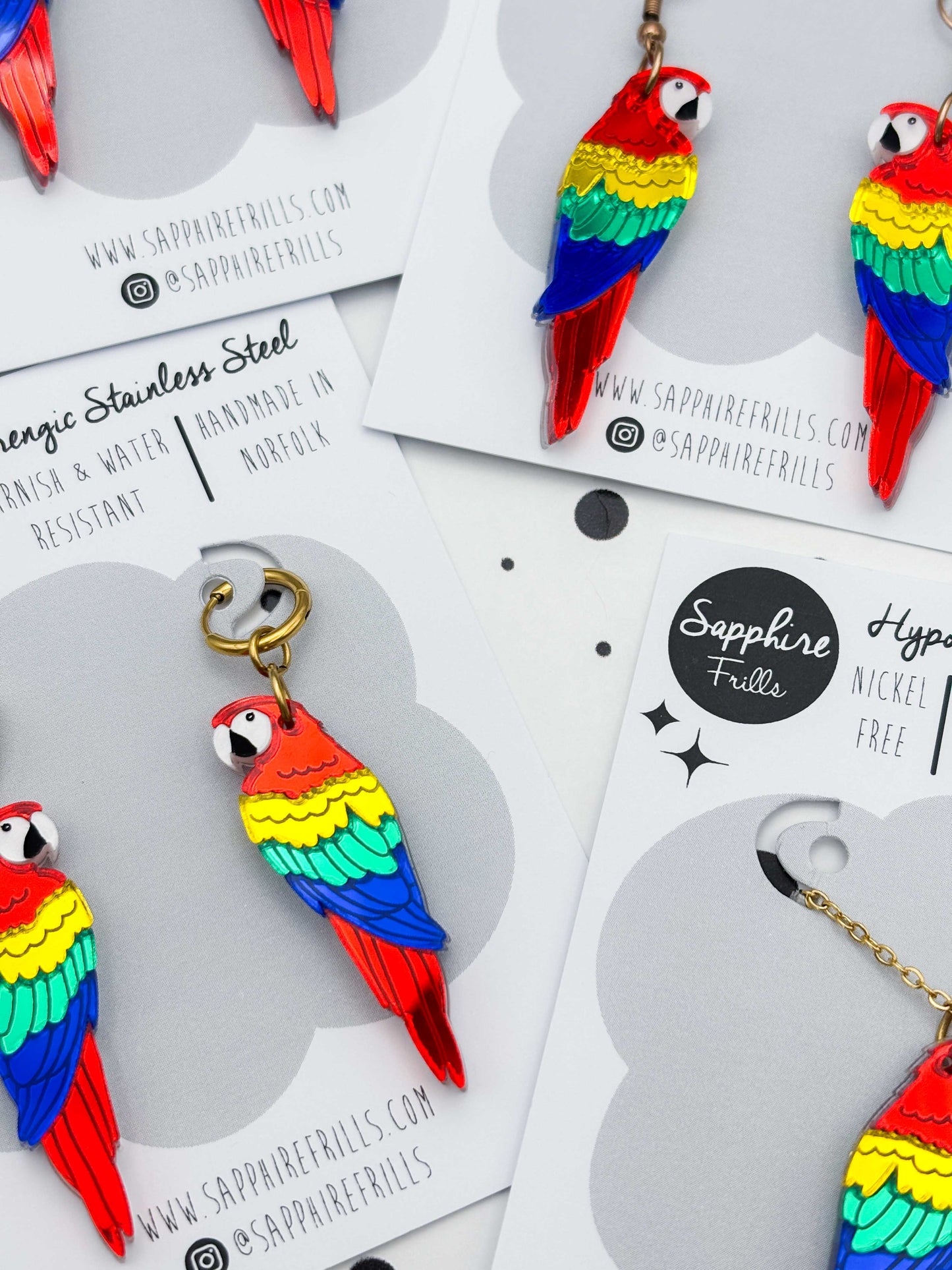 Large Rainbow Mirror Parrot Dangle Earrings or Necklace – Hypoallergenic Stainless Steel