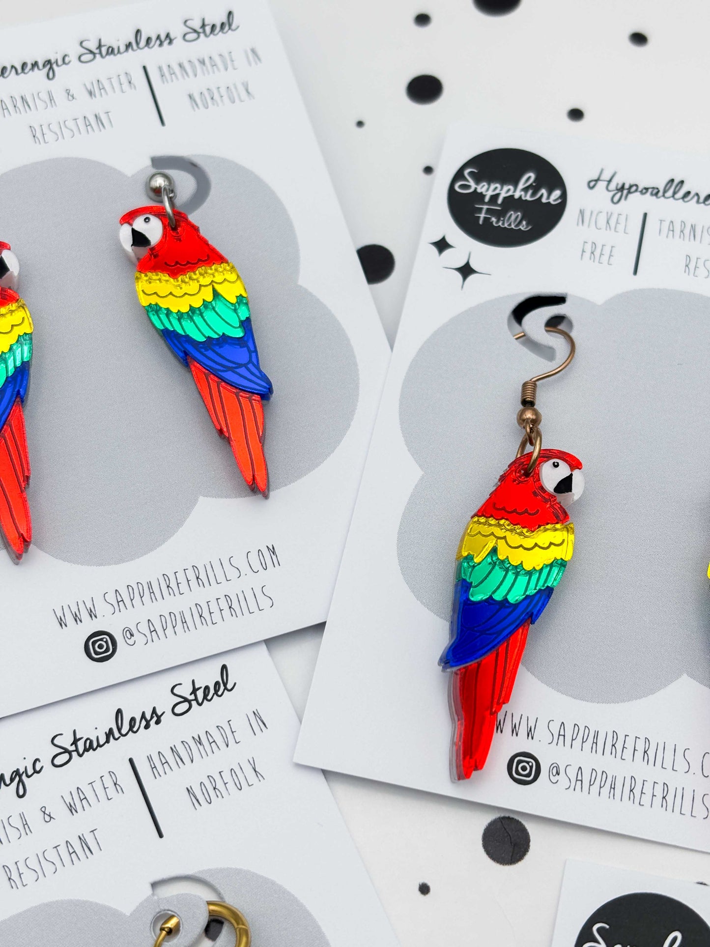 Large Rainbow Mirror Parrot Dangle Earrings or Necklace – Hypoallergenic Stainless Steel