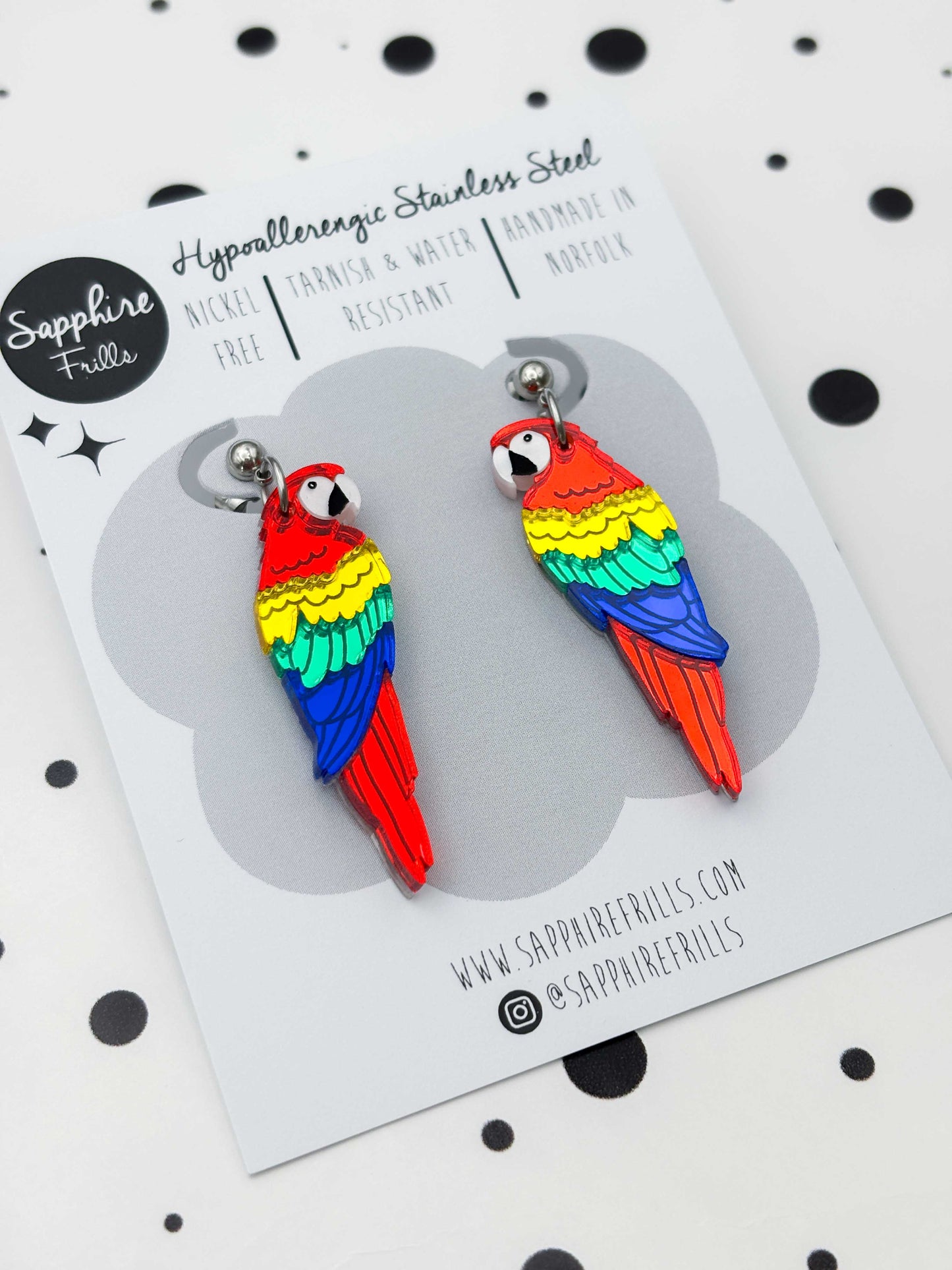 Large Rainbow Mirror Parrot Dangle Earrings or Necklace – Hypoallergenic Stainless Steel