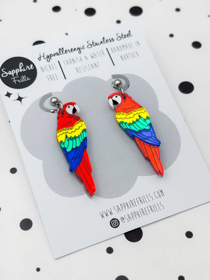 Large Rainbow Mirror Parrot Dangle Earrings or Necklace – Hypoallergenic Stainless Steel