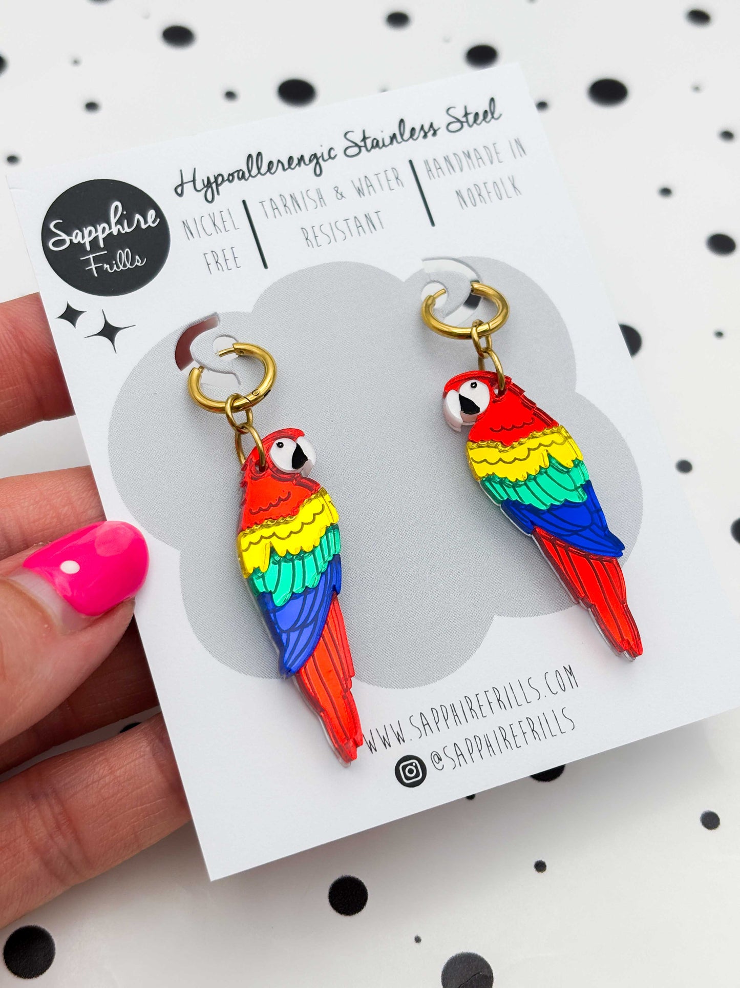 Large Rainbow Mirror Parrot Dangle Earrings or Necklace – Hypoallergenic Stainless Steel