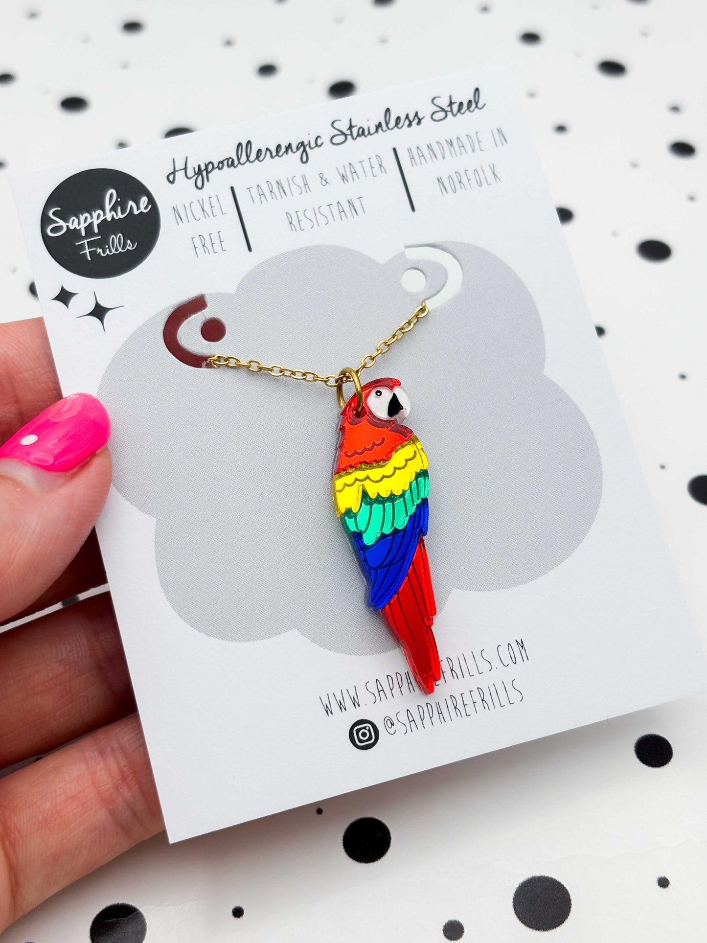 Large Rainbow Mirror Parrot Dangle Earrings or Necklace – Hypoallergenic Stainless Steel
