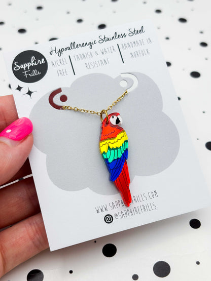 Large Rainbow Mirror Parrot Dangle Earrings or Necklace – Hypoallergenic Stainless Steel