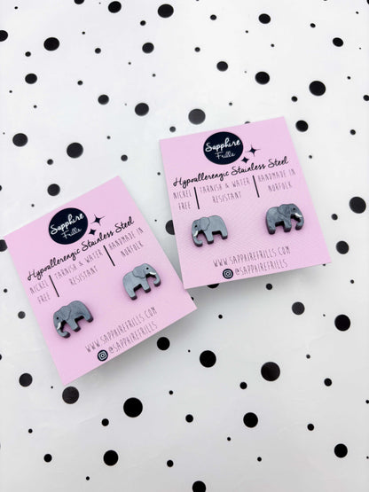 Mini Grey Marble Elephant Stud Earrings – Hypoallergenic Stainless Steel