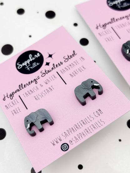Mini Grey Marble Elephant Stud Earrings – Hypoallergenic Stainless Steel