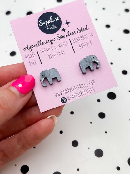 Mini Grey Marble Elephant Stud Earrings – Hypoallergenic Stainless Steel