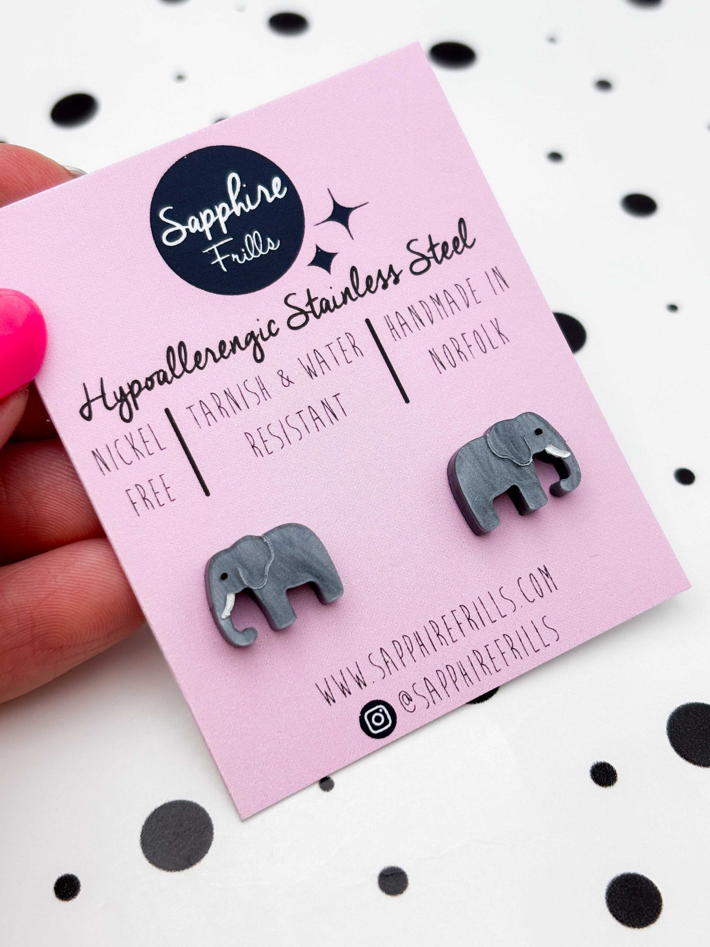 Mini Grey Marble Elephant Stud Earrings – Hypoallergenic Stainless Steel