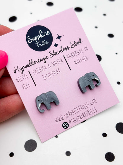 Mini Grey Marble Elephant Stud Earrings – Hypoallergenic Stainless Steel