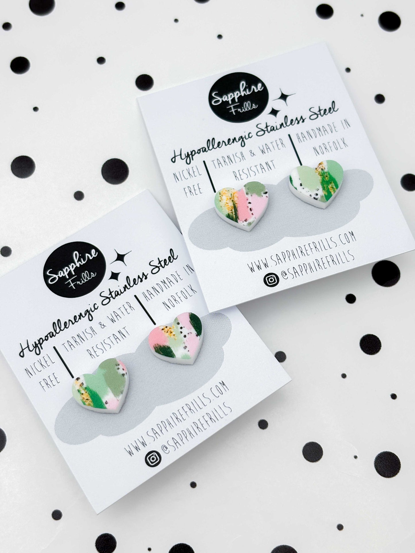 Small Green & Pink Jungle Smudge Heart Stud Earrings – Hypoallergenic Stainless Steel