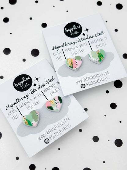 Small Green & Pink Jungle Smudge Heart Stud Earrings – Hypoallergenic Stainless Steel